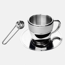 Polished Double Wall Stainless Steel Cappuccino Cup with Saucer (6 oz.) + Coffee Measuring Spoon (10.5cm)