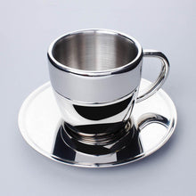Polished Double Wall Stainless Steel Cappuccino Cup with Saucer (6 oz.) + Coffee Measuring Spoon (14cm)