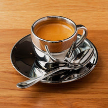 Polished Double Wall Stainless Steel Espresso Cup with Saucer (3 oz.) + Coffee Measuring Spoon (14cm)